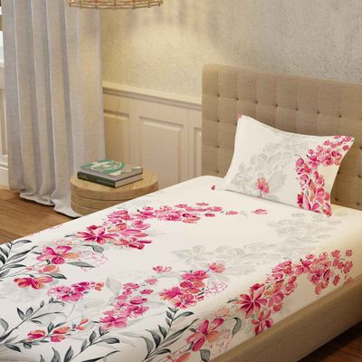 200 TC 100% Cotton Single Floral Bedsheet with 1 Pillow Cover | Pink | 90 x 58 in