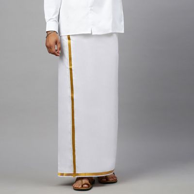 Men's White Dhoti / Mundu / Veshti with Golden Zari Border | Free Size