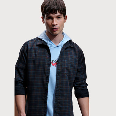 Men's Slim Fit Checked Casual Shirt | Navy Blue and Beige - M