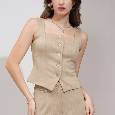 Women's Pinstriped Vest & Midi Column Skirt Set | Beige - M