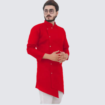 Men Asymmetric Kurta - Red | Cotton Blend | L