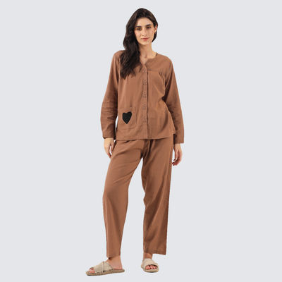 Mandarin Collar Pure Cotton Night Suit | Brown - L