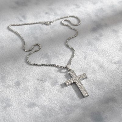 Men's Jewelry Diamante Heavy Cross Pendant Chain | Necklace-090 | Silver