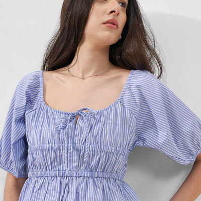 Women Stripe Square Neckline Smocked Top | BLUE | M