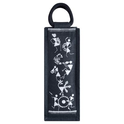 Carry Bag - Bottle Bag Warli Print | Eco-friendly | Stylish | Black | 14 x 5 x 4.5