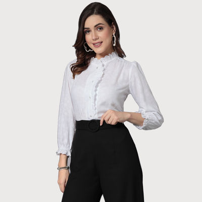 Women White Self Design Polycotton Casual Shirt | S | SS23SQARABELL - White
