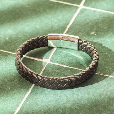 Avrum Leather Bracelet for Men and Boys| Anti-Tarnish | Black