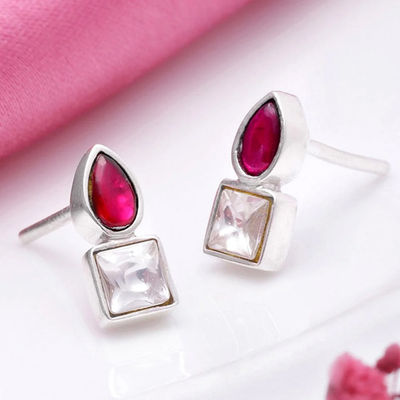 92.5 Silver Cubic Red Drop Stud Earrings