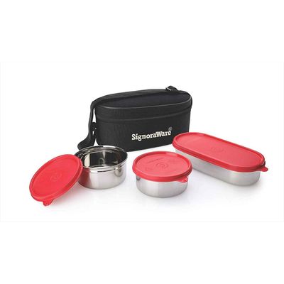 Double Decker Steel Lunch Box with Bag | Set of 3 | Red | Steel Tiffin Box