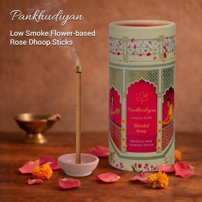 Rose Flower-based Low Smoke Bambooless Dhoopsticks (Sticks + Ceramic Holder)