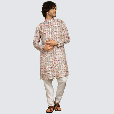 Men's Printed Long Kurta | Beige - XL