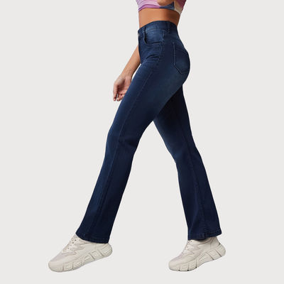 Women Wide leg Mid rise Clean look Regular Stretchable Denim Jeans | Navy Blue | 30