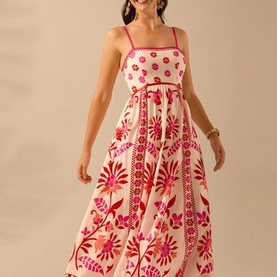Women's Fit And Flare Maxi Full Length Dress | 12264 | Cream And Red- XL