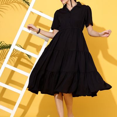 Sheetal Women's Black Shirt Collar Fit And Flare Midi Dress | 11621 | Black - XL