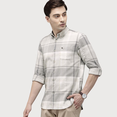 Men Slim Cream & Grey Checked Shirt Style-Amber Color -Cream Size - M