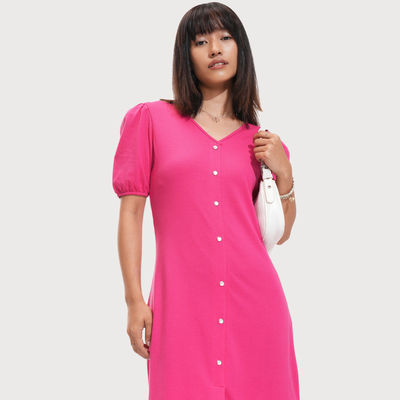 Women's Pink Textured A-Line Knitted Mini Dress | Pink | M
