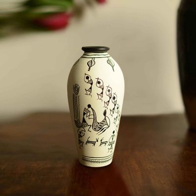 15.2 cm Terracotta Hand - Painted Warli Round Shaped Vase In White