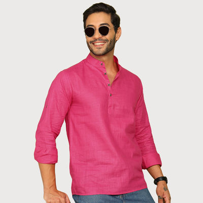 Men's Solid Short Kurta | Pink - XL