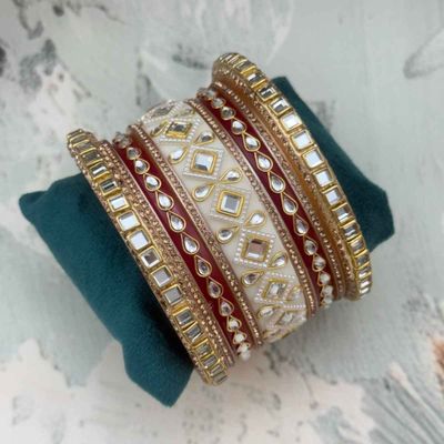 Kundan Red Chuda | White Kangan Traditional Set | Red & White - Size 2.8