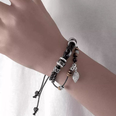 Boho Leaf Charm Bracelet for Mens Adjustable Rope Style with Beads | MB00002