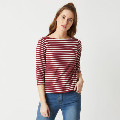 Women Boat Neck 3/4 Sleeve Cotton Striped Top | Maroon & White | L