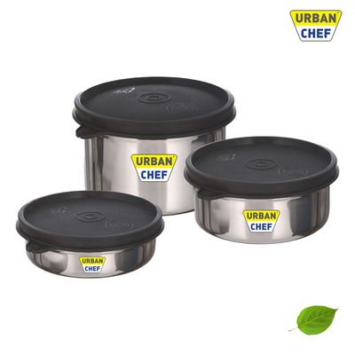 Urban Chef Essential 3 Stainless Steel Containers | 290 |450 |600 Ml Leak Proof | Black