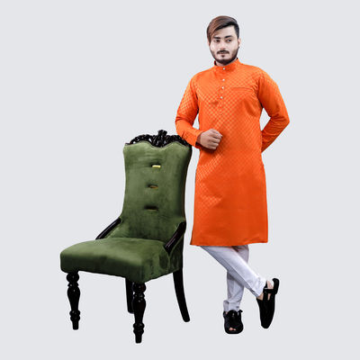 Men Kurta - Orange | Block Pattern | Cotton Blend | L