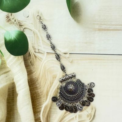 Oxidised Jewelry | Large Coin Teeka | Silver