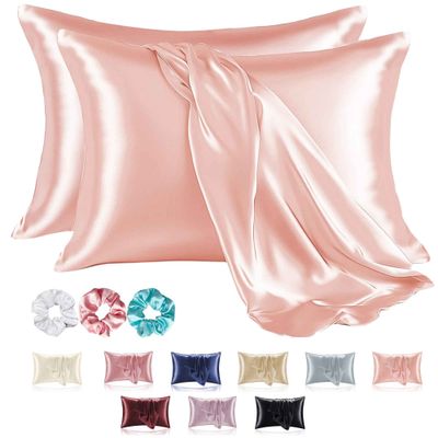 2 Pcs Satin Pillow Covers for Hair with 3 Scrunchies for Women | Salmon Pink