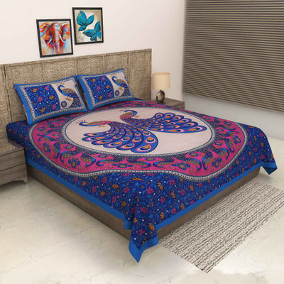 104 Tc Cotton Double Printed Bedsheet | Pack Of 1, Blue Color
