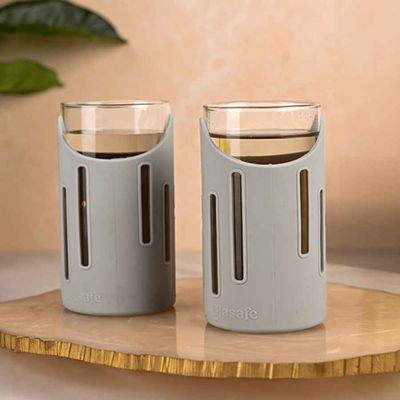 Grip'N'Sip Borosilicate Drinking Glass With Protective Silicone Sleeve(Soothing Slate)350Ml