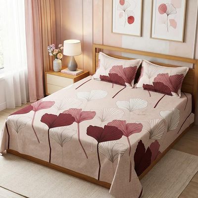 CasaCraft Pepperfry King Size Flat Bedsheet Set with 2 Pillow Covers, Beige Floral 300 Thread Count