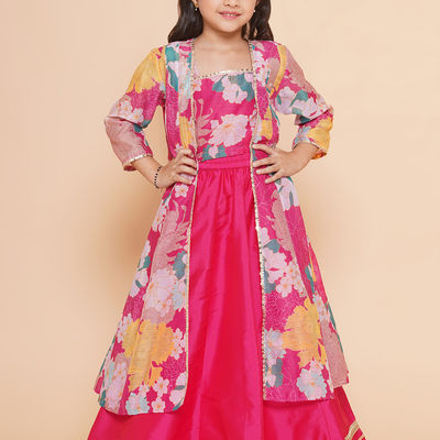 Girl's Silk 3/4th Sleeves Printed Flared Lehenga Set | TLHC088 | Pink | 3-4 Yrs