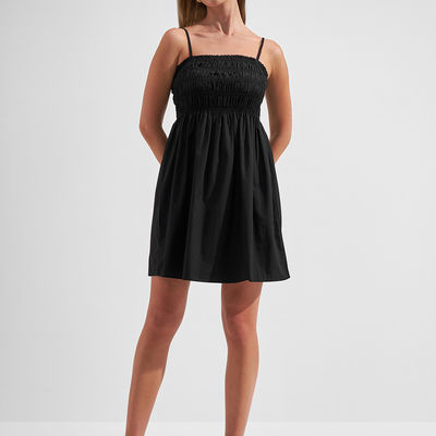 Women Regular Fit Smocked-Bodice Cotton Short Dress | BLACK | L