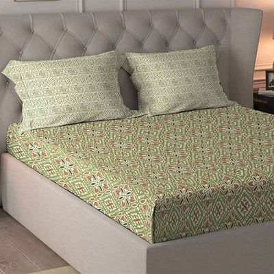 by myTrident 120 TC Cotton Queen Bedsheet Set with Pillow Covers | Batik Green