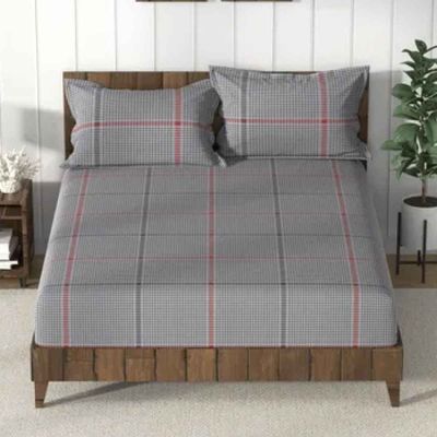 Nautica Super Soft 100% Cotton King Bedsheet and 2 Pillow Covers | Set of 3 | Checks Steelgrey