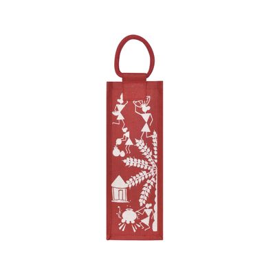 Carry Bag - Bottle Bag Warli Print | Eco-friendly | Stylish | Red | 14 x 5 x 4.5