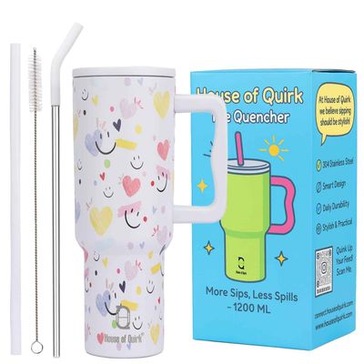 1200ML Stainless Steel Tumbler with Handle & Lid, 2 Straws | White Heart - 1200 ml