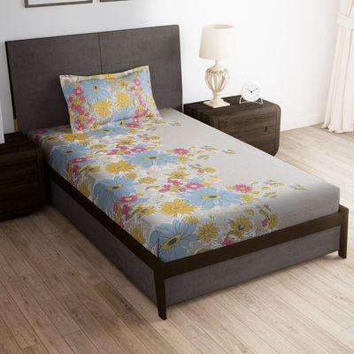 160 TC Microfiber Single Floral Flat Bedsheet | Beige