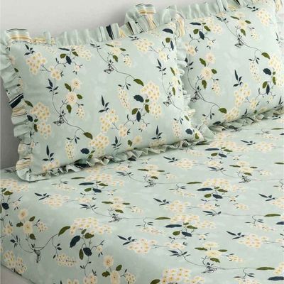 Elastic Fitted Double Bedsheet | 2 Frill Pillow Covers | Polycotton | Light Green
