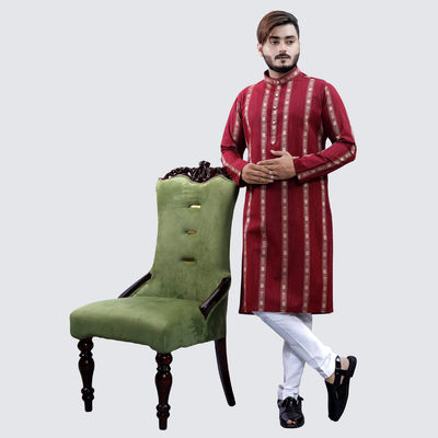 Men Straight Kurta - Maroon | Striped | Cotton Blend | L
