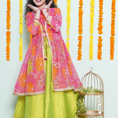Girl's Silk 3/4th Sleeves Printed Flared Lehenga Set | TLHC158 | Green | 3-4 Yrs