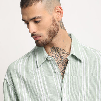 Men's Light Green Striped Relaxed Fit Casual Shirt | S