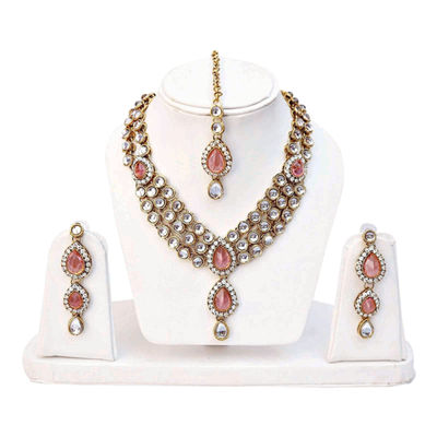 Gold Plated Pink Kundan Traditional Necklace Set for Women & Girls | 8647s