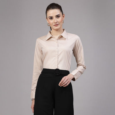 Women Solid Beige Regular Casual Shirt | S | AW23SQARTHACHAM - Beige