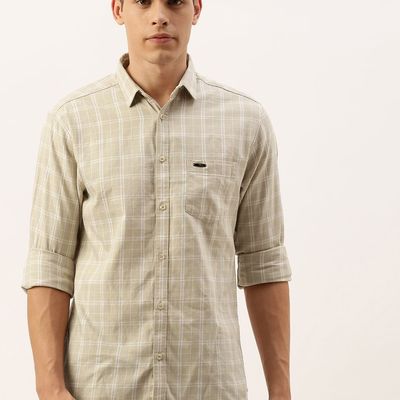 Men Slim Fit Checkered Casual Shirt | Beige | L