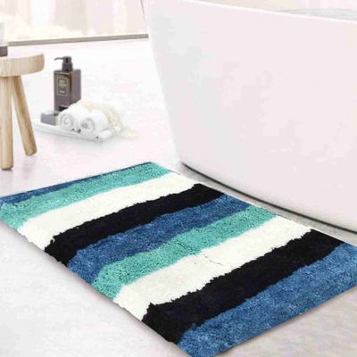 Blue & White Geometric Polyester 24x16 Inch AntiSkid Bath Mat