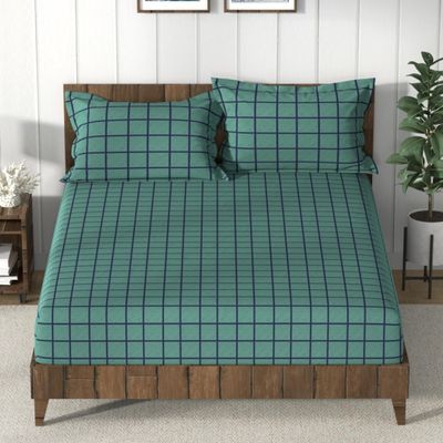 Nautica Super Soft 100% Cotton King Bedsheet & 2 Pillow Covers | Set of 3 | Bristol Checks - Green