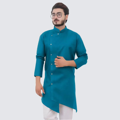 Men Asymmetric Kurta - Ocean | Striped | Cotton Blend | L