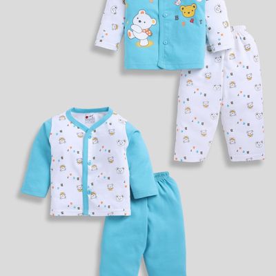 Boys Front Open Tshirt and Full Pant | Night Wear | Blue & White | 12 - 18 Months